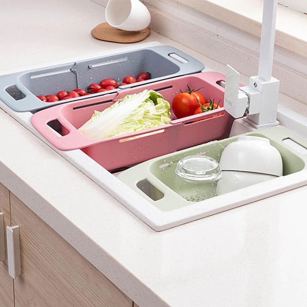Cabilock Extendable Over The Sink Colander Fruits and Vegetables Drain Basket Expandable Dish Drying Rack Adjustable Trainer Sink Washing Basket for Kitchen