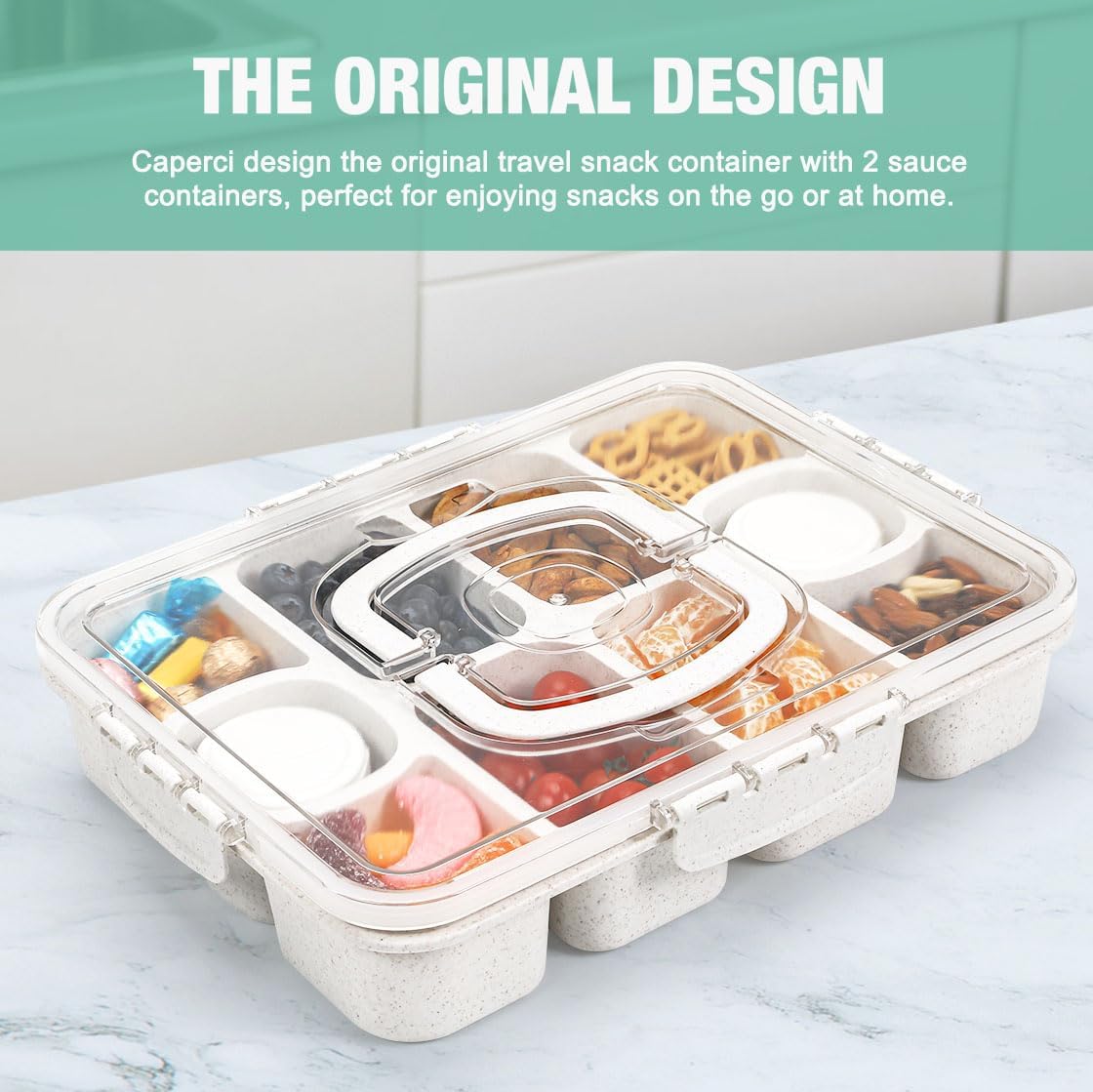 Caperci Snackle Box Container - Large 10-Compartment Divided Serving Tray with Lid and Handle, Built-in 2 Dip Containers, Dishwasher Safe, Leak-Proof, Wheat Straw, BPA-Free (White)