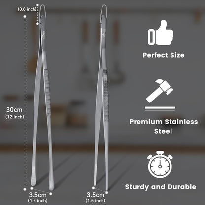 HOTEC Kitchen Tweezers Tongs Stainless Steel Professional Chef Tweezers, Set of 3-6.3", 10" and 12inch Food Tongs for Cooking, Repairing, Dessert, BBQ, Meat, Pasta