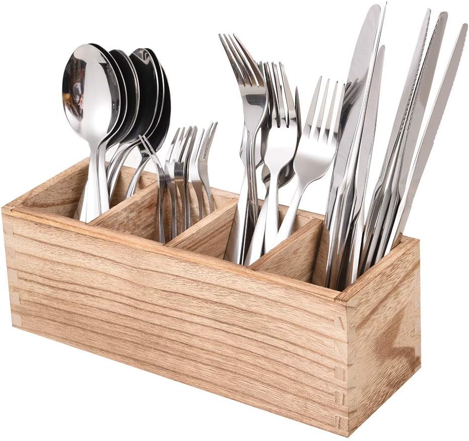 WuGeShop Wood Cutlery Caddy, Kitchen Utensil Organizer with 4 Compartments, Silverware Storage Kitchen Countertop Flatware Organizer