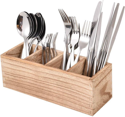 WuGeShop Wood Cutlery Caddy, Kitchen Utensil Organizer with 4 Compartments, Silverware Storage Kitchen Countertop Flatware Organizer