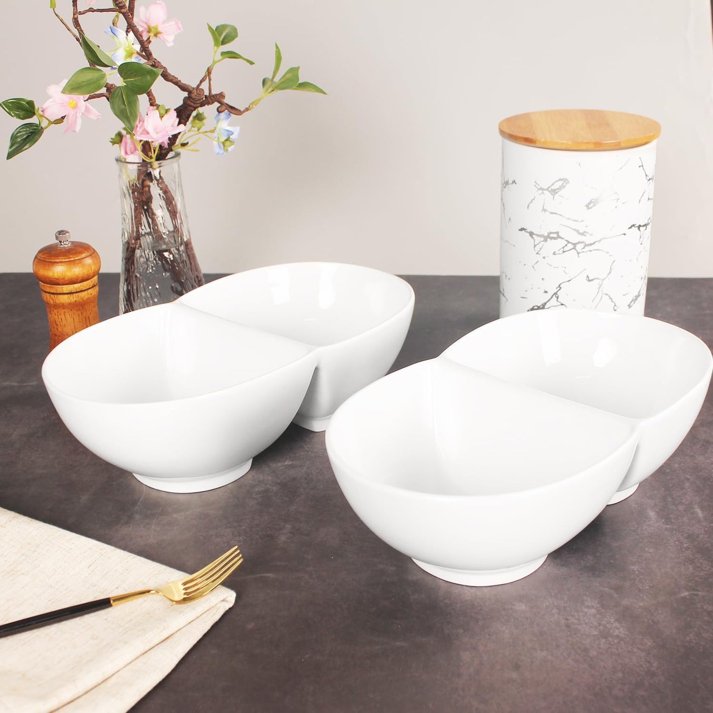 Chip and Dip Serving Set Porcelain Tray Deep Divided Bowl,Set of 2 Divided Platters/Divided Bowls,Lunch&buffet tableware,for Dishwashers,microwaves,ovens safety 13.9 Inch