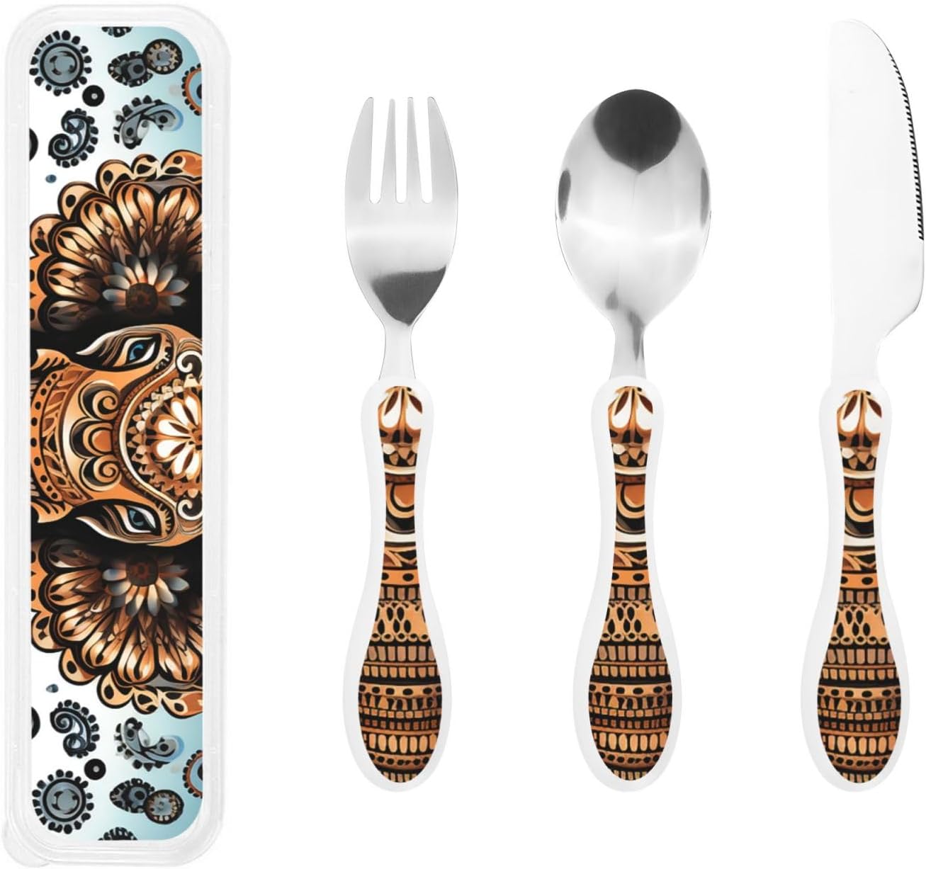 3-Piece Kids Silverware Set With Storage Case, Stainless Steel Reusable Children Safe Knife Spoon Fork Set Elephant Pattern Children Flatware Set For Kids Lunch Box