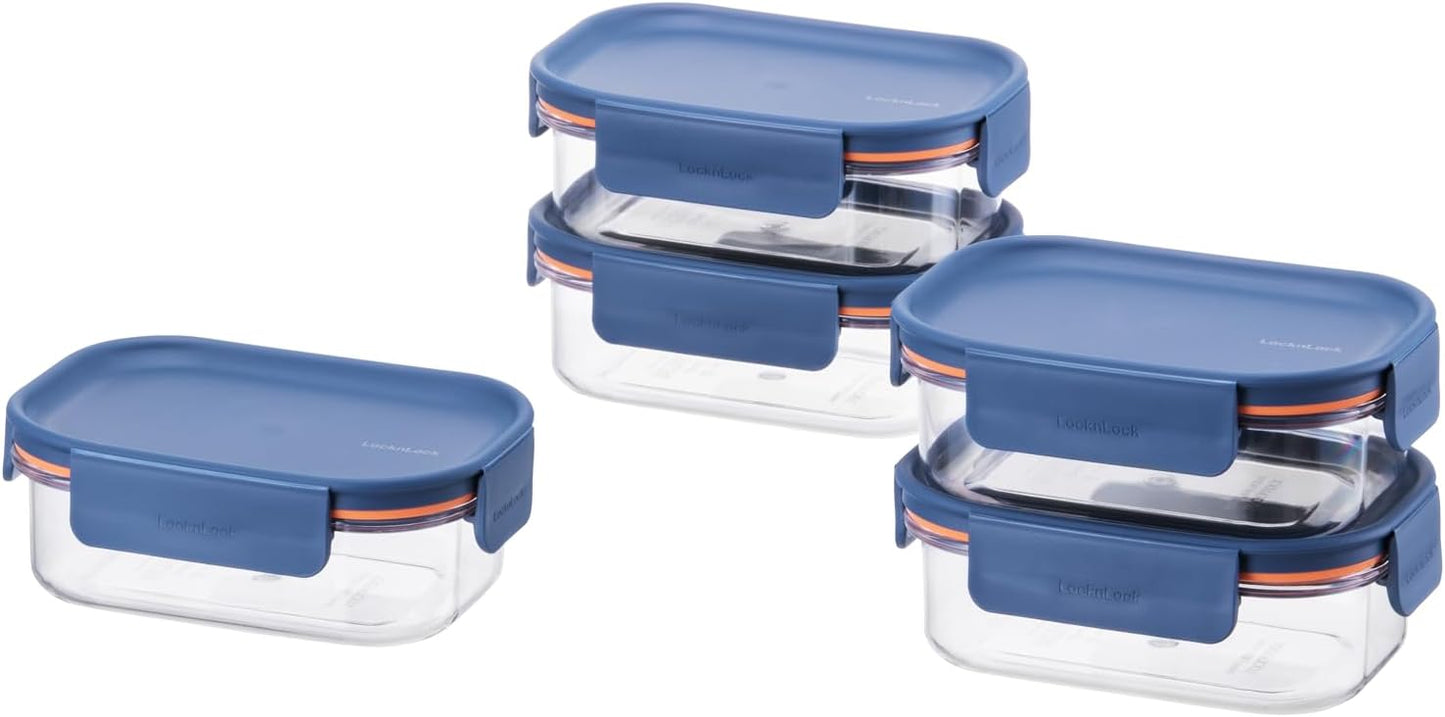 LocknLock LBF404RS5N Bisfree Modular Plus Food Storage Containers for Lunch, Meal Prep, Stackable, BPA-Free, Leakproof, Microwave, Dishwasher, Freezer-Safe, 10 Pieces, 5 Boxes and 5 Lids, Navy, 910ml