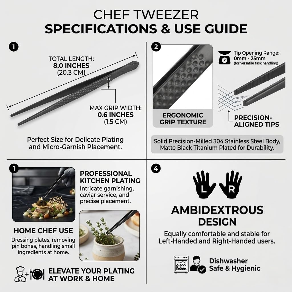 CREATIVECHEF 6Pcs Titanium Cooking Tongs Set - Professional food tongs for Plating, Lightweight Professional Chef Tweezers for cooking (black)