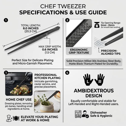 CREATIVECHEF 6Pcs Titanium Cooking Tongs Set - Professional food tongs for Plating, Lightweight Professional Chef Tweezers for cooking (black)