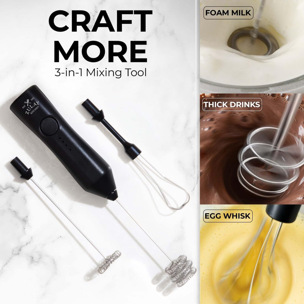 Zulay Kitchen Rechargeable Milk Frother Handheld - Frother Wand, Drink Mixer, Electric Whisk Frother, for Cappuccinos, Matcha & Protein Powder - Dynamic 3 Whisk, 3 Speed 500mAh Black - Colors C