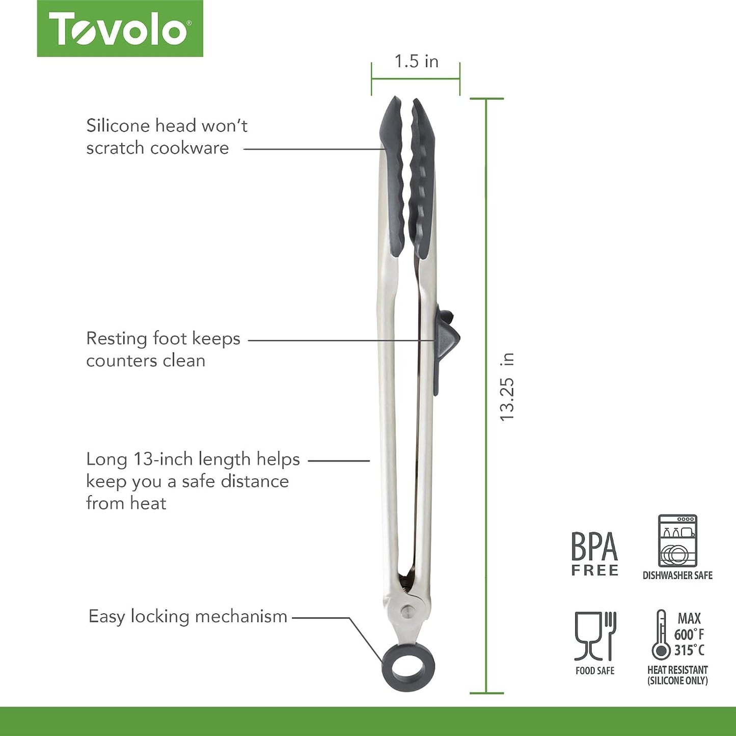 Tovolo Tongs With Silicone Tips Easy Grip 13” Long Kitchen Tongs Stainless Steel Handle For Cooking BBQ, Non Scratch Heat Resistant Locking Metal Silicone Tipped Dishwasher Safe BPA Free, Black