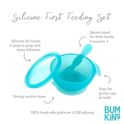 Bumkins Baby Bowl, Silicone Feeding Set with Suction for Baby and Toddler, Includes Spoon and Lid, First Feeding Set, Training Essentials for Baby Led Weaning for Babies 4 Months Up, Sage