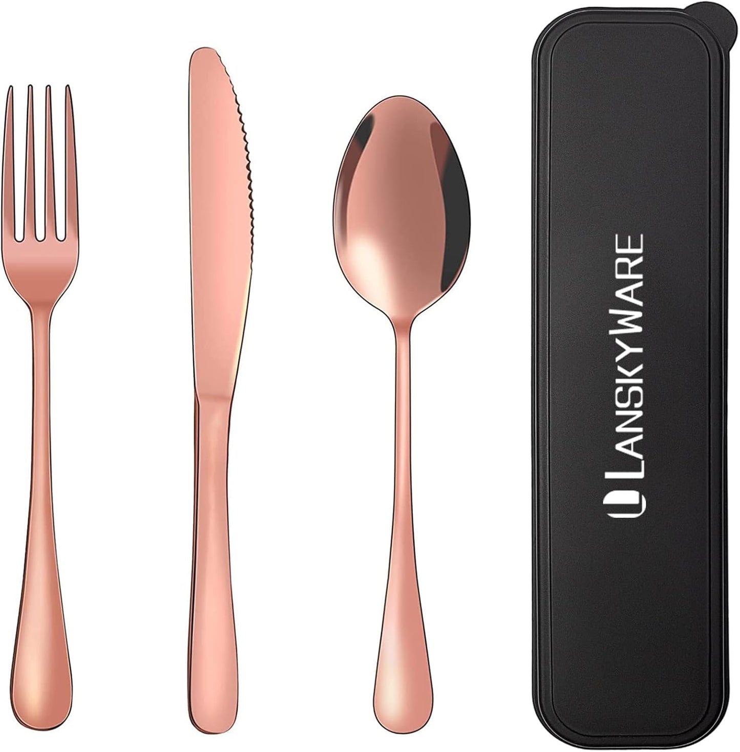 Portable Travel Utensils Set, 18/8 Stainless Steel 3 PCS Cutlery Set Including Knife Fork and Spoon, Reusable Travel Silverware Set with Case for Lunch Box Camping School Office