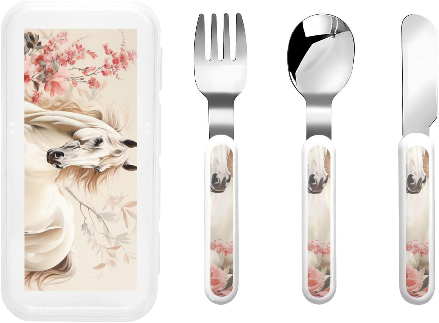 3-Piece Children Utensils Set Horse Image Knife Spoon Fork Set Stainless Steel Silverware Set Easy-Grip Reusable Utensils Set Child Flatware Set with Case for Lunch Travel
