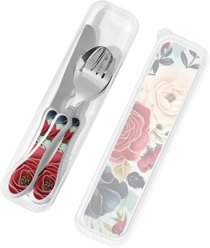 3-Piece Kids Silverware Set With Storage Case, Stainless Steel Reusable Children Safe Knife Spoon Fork Set Easter Bunny Eggs Spring Flower Rabbit Children Flatware Set For Kids Lunch Box