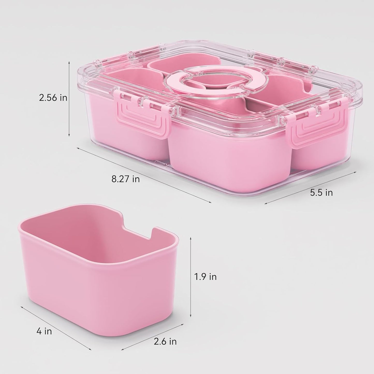 Small Snack Box Containers for Adults Men Women with 4 Compartments,Reusable Bento Box Adult Food Trays for Fruit,Charcuterie,Pink Lunch Box Divided Serving Tray with Lid and Handle for Work Travel