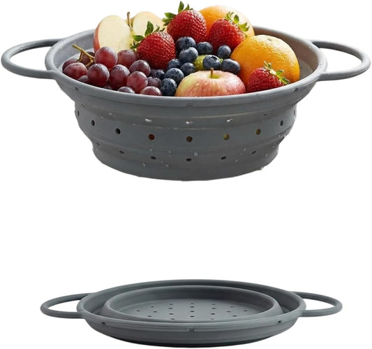 Collapsible Silicone Colander with Handles, Round Strainer with Stainless Steel Rim, Space Saving Kitchen Tool for Fruits & Vegetables,BPA-Free,Heat-Resistant Pasta Drainer(White, L)