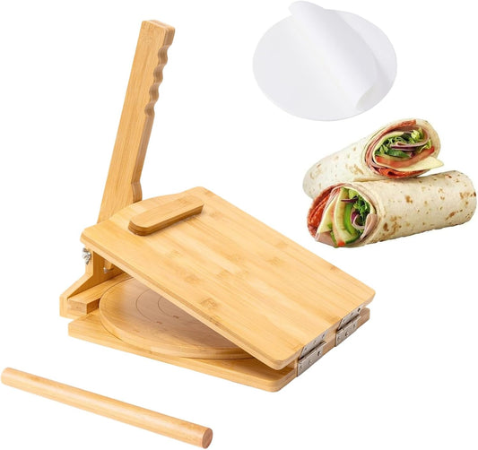 10 Inches Wooden Tortilla Press with Rolling Pin & 50 Pcs Parchment Paper