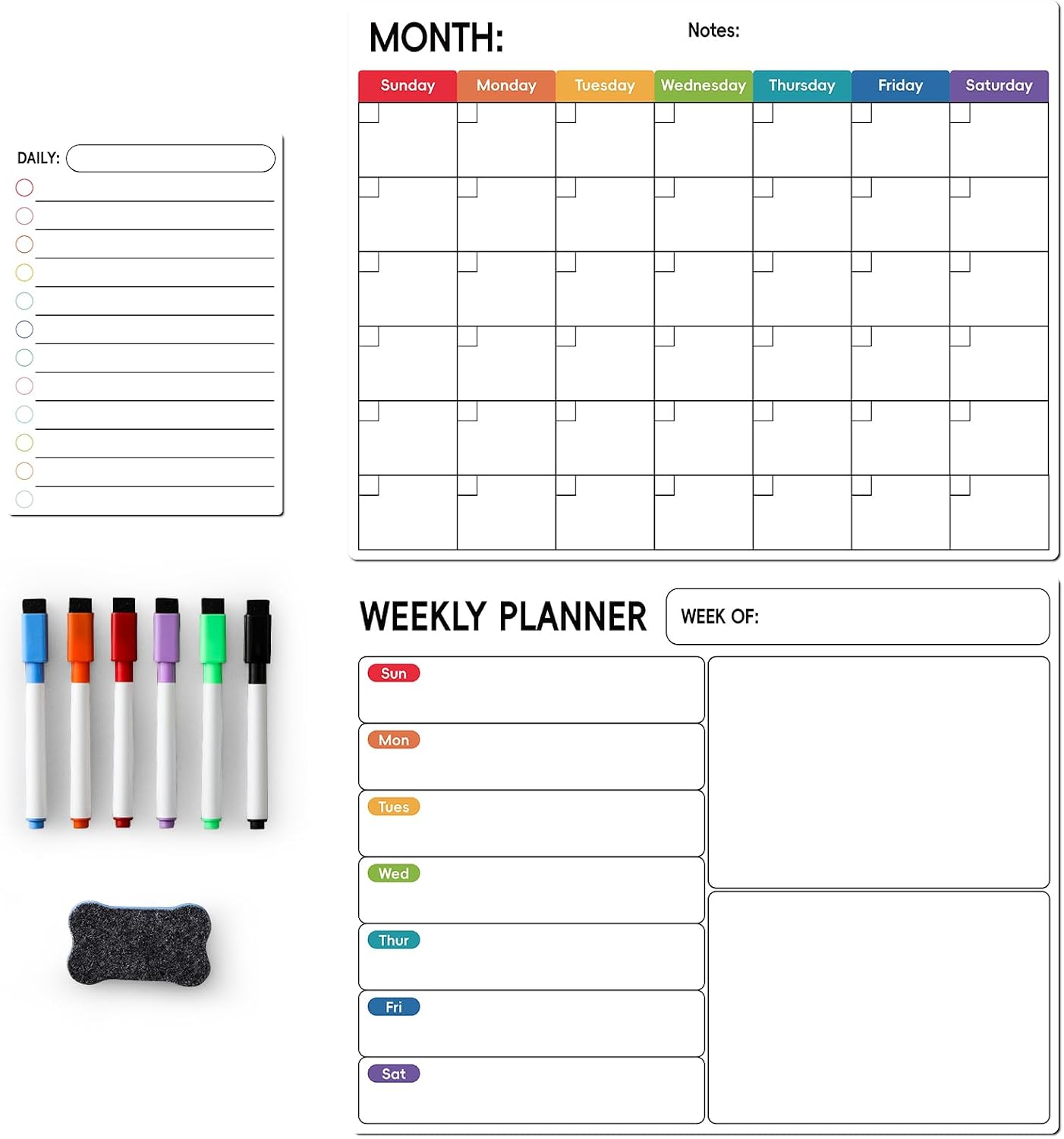 LANDNEOO Magnetic Dry Erase Calendar for Refrigerator, 3 Pack-Monthly, Weekly, Daily Magnet Fridge Whiteboard Planner for Chore Chart, Menu, To Do List, 14"X11", w/ 6 Markers, Style 2