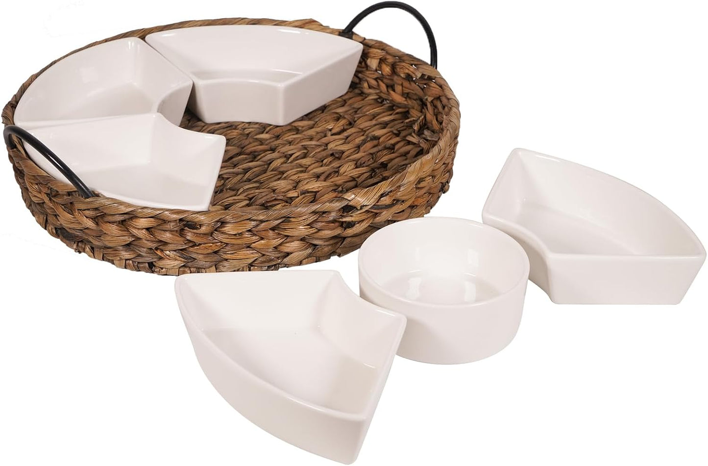 Ceramic Serving Tray, Food Tray 15.5 x 15.5 Inches,Divided Serving Platter with 6 Removable Dishes, Portable Handle Cattail Serving Bowls,Perfect for or Chips and Dip,Natural