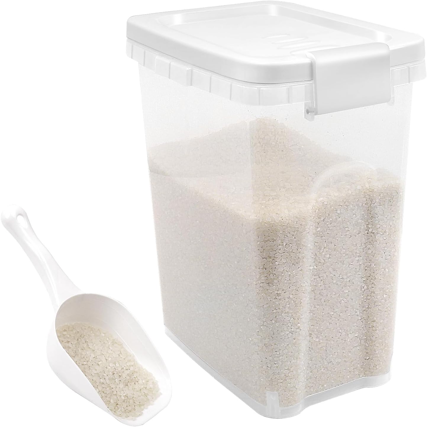 Tight-Lock Rice Container 10-15 Lbs - Airtight Flour Container with Scoop - Food-Grade Plastic Food Storage Container for Cereal, Sugar - Dry Food Dispenser for Kitchen, Pantry Organizers and Storage