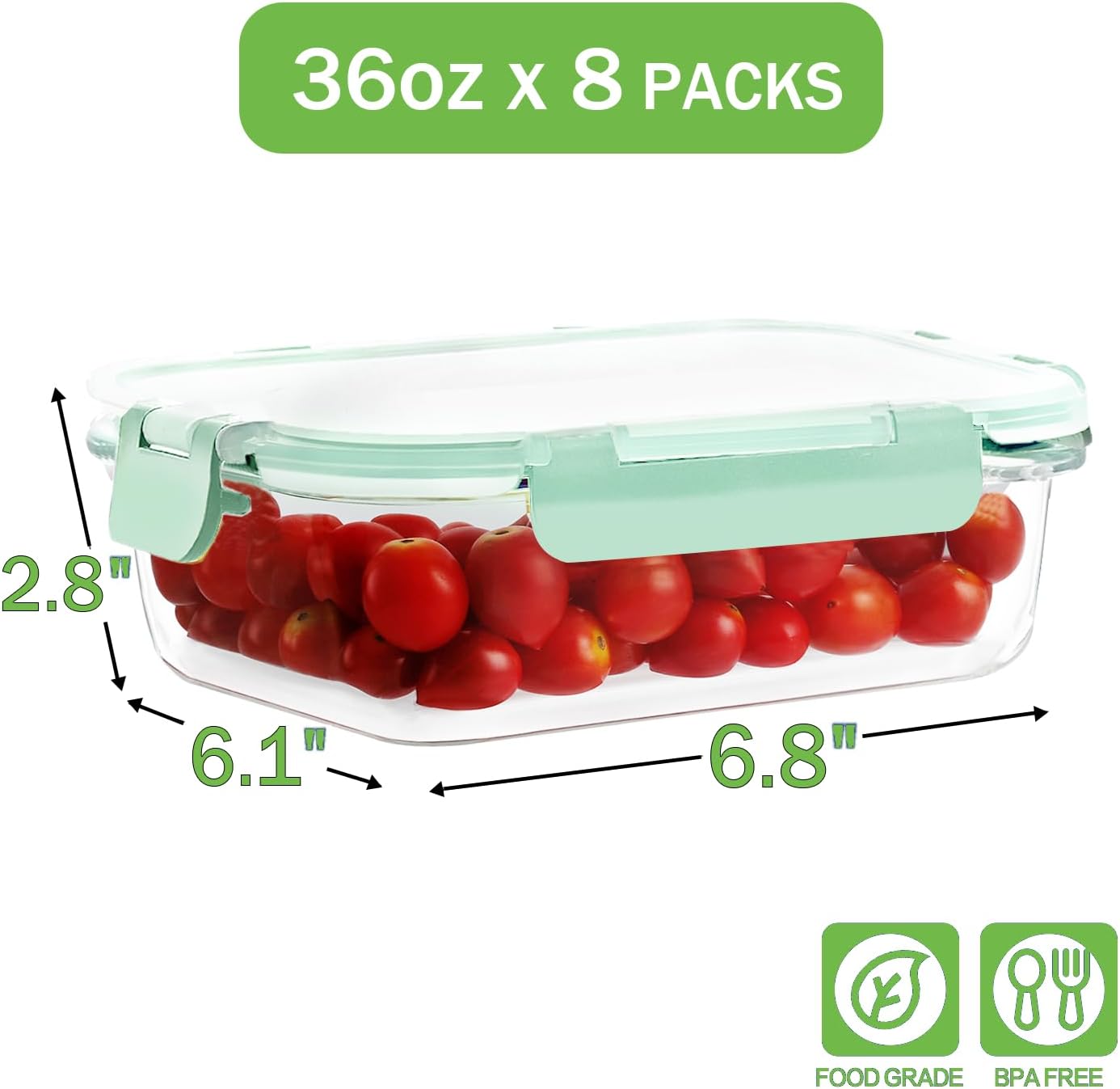 8 Pack 36oz Large Glass Meal Prep Containers with lids, Glass Food Storage Containers with Leak Proof Snap Lock Lids , Airtight Bento lunch Boxes, Kitchen Storage, Oven, Freezer and Dishwasher Safe