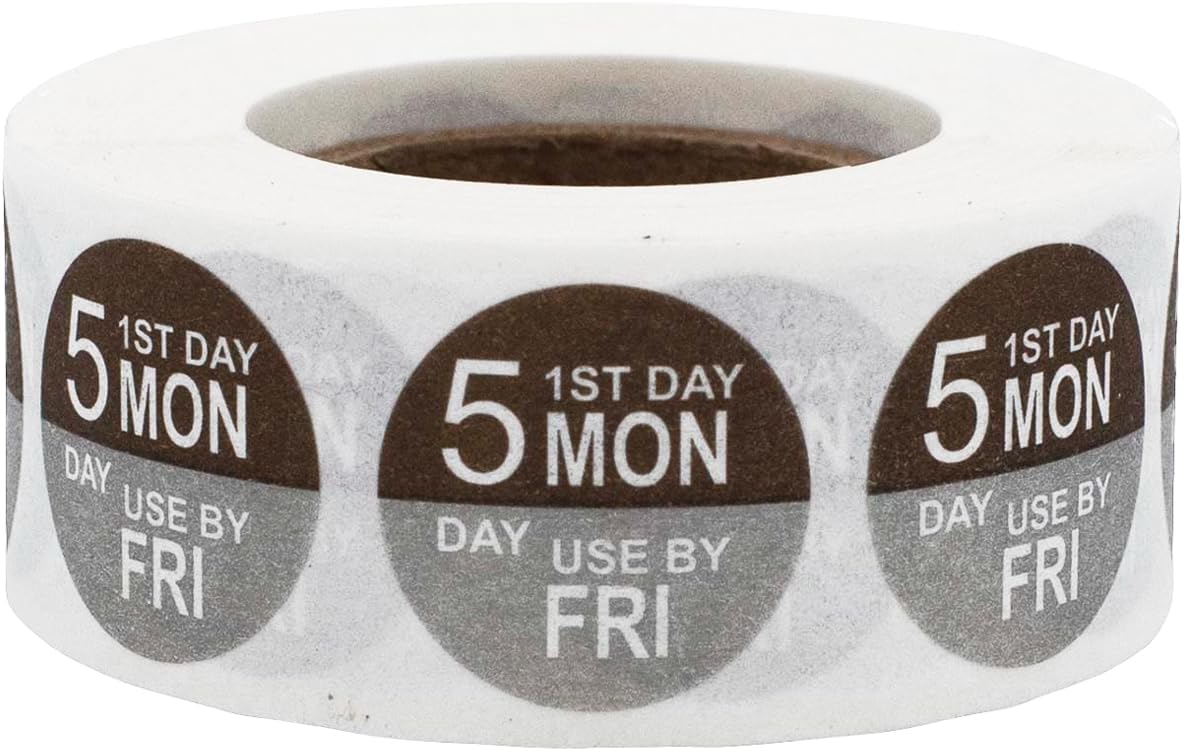 Dissolvable Tuesday Through Saturday 5 Day Food Rotation Labels, 3/4 Inch Use by Stickers, 500 Total Adhesive Labels on a Roll for Restaurant and Kitchen Prep – Made in The USA