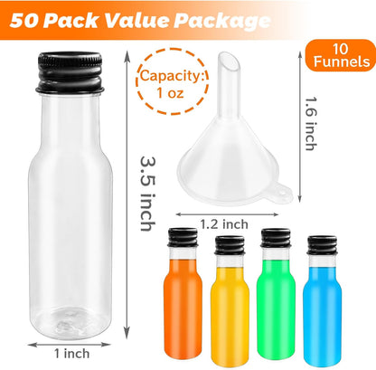 1.7oz Mini Liquor Bottles,50ml Plastic Spirit Alcohol Bottle with Black Cap,Miniature Sauce Bottles with 10 Funnels for Weddings,Party Supplies