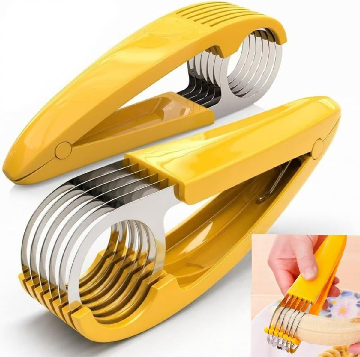 Stainless Steel Banana Slicer, 2 Pack Fruit Vegetable Sausage Cutter, Yellow Handheld Kitchen Tool for Banana, Hot Dog, Strawberry, Cucumber, Dishwasher Safe