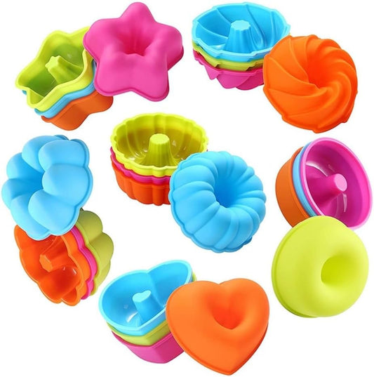 Silicone Muffin Baking Cups, 24 Pack Reusable 6 Shapes Silicone Mini Cupcake Liners for Baking, Nonstick Cupcake Liners Candy Molds Set DIY Cake Tools