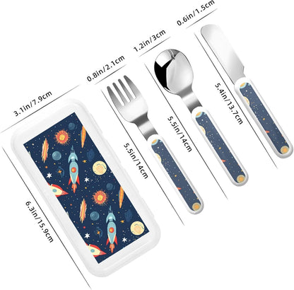 3-Piece Children Utensils Set Rocket in Space Knife Spoon Fork Set Stainless Steel Silverware Set Easy-Grip Reusable Utensils Set Child Flatware Set with Case for Lunch Travel