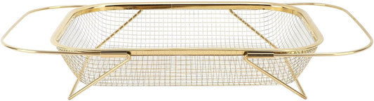 Over The Sink Colander, Stainless Steel Expandable Baskets with Handles Rectangle Kitchen Fine Mesh Strainer Basket for Strain Drain Rinse Fruits Vegetables (Gold)