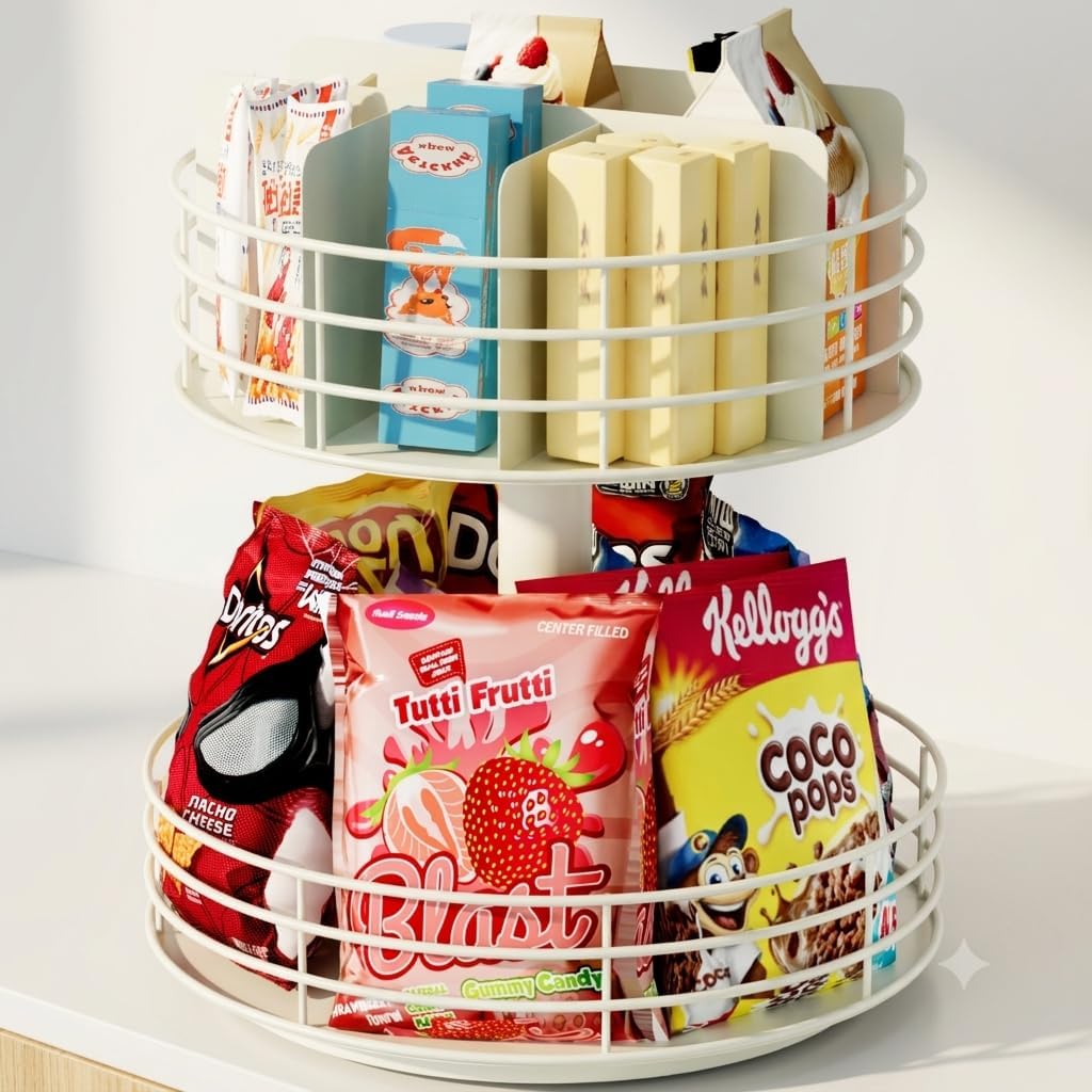 Snack Organizer - Versatile Snack Storage 2 Tier Lazy Susan with Convenient Grab-and-Go Design, Metal Snack Holder for Home, Office, Breakroom, 11.85" L x 11.85" W x 13.3" H (Matte Black)