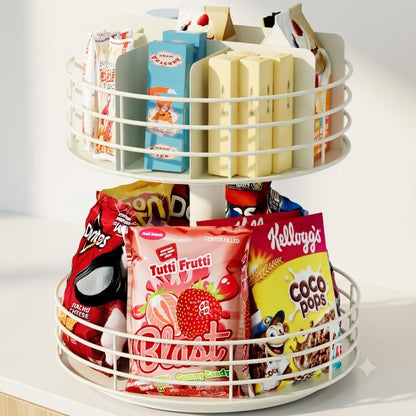 Snack Organizer - Versatile Snack Storage 2 Tier Lazy Susan with Convenient Grab-and-Go Design, Metal Snack Holder for Home, Office, Breakroom, 11.85" L x 11.85" W x 13.3" H (Matte Black)