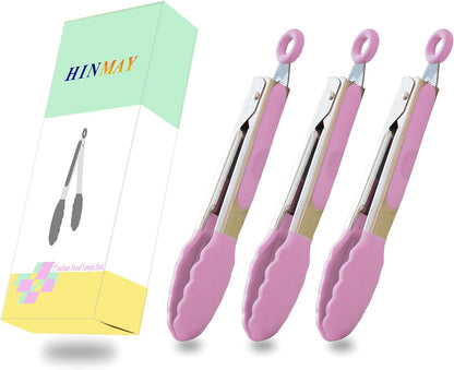 HINMAY Small Silicone Tongs 7-Inch Mini Serving Tongs, Set of 3 (Black Gray White)