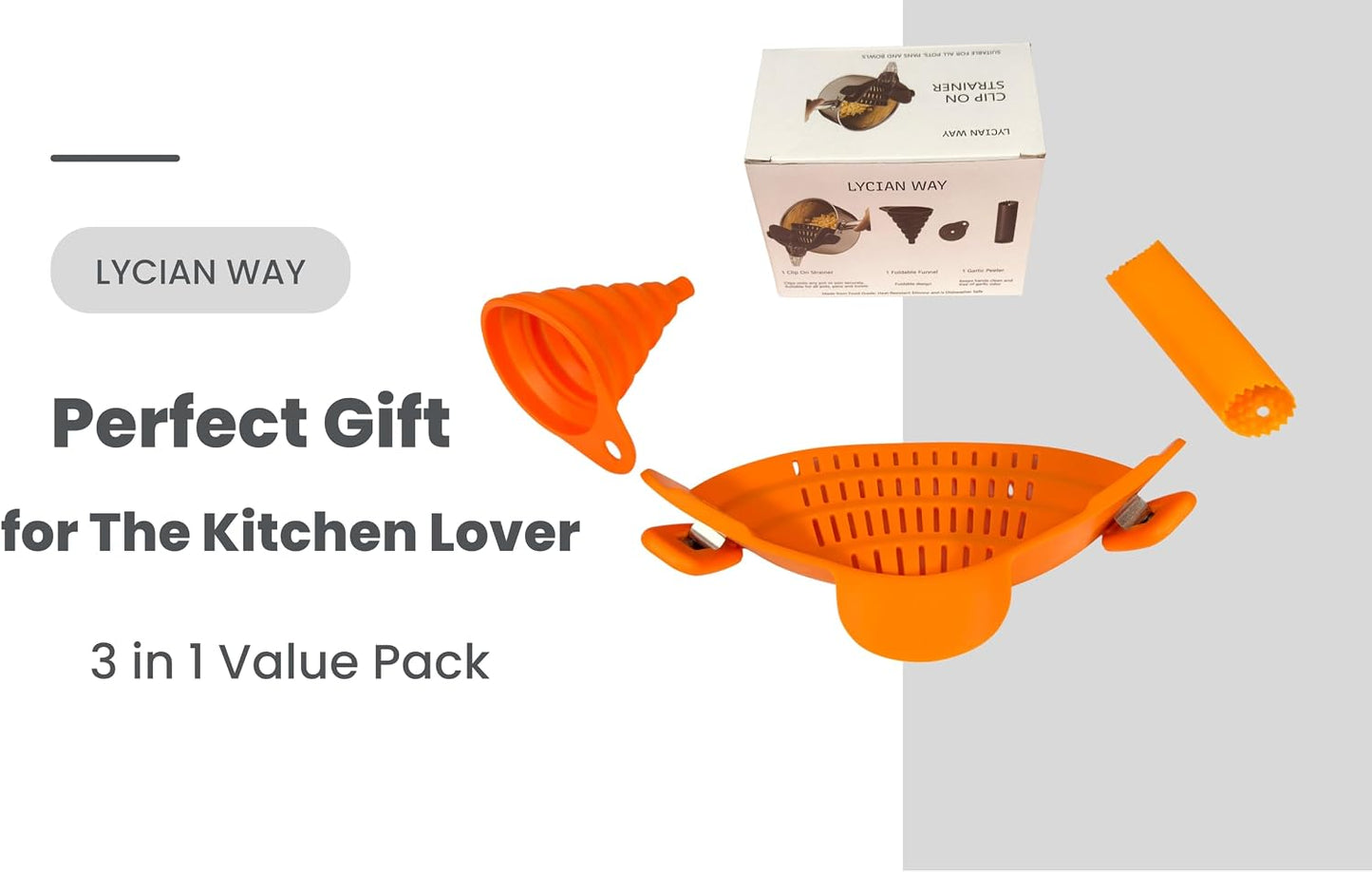 Clip On Strainer Silicone for Pots and Pans, Universal Fit Pasta Strainer and Pot Colander, Space Saving Food Drainer with Collapsible Funnel and Garlic Peeler, 3 Pcs Set, Gray