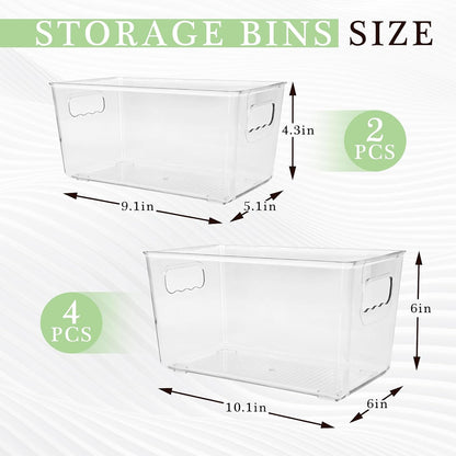 6 Pack Clear Plastic Storage Bins with Handles, Stackable Pantry Fridge Cabinet Under Sink Organizers and Storage, Multi-use Large Home Kitchen Bathroom Organization for Shelf Closet Drawer