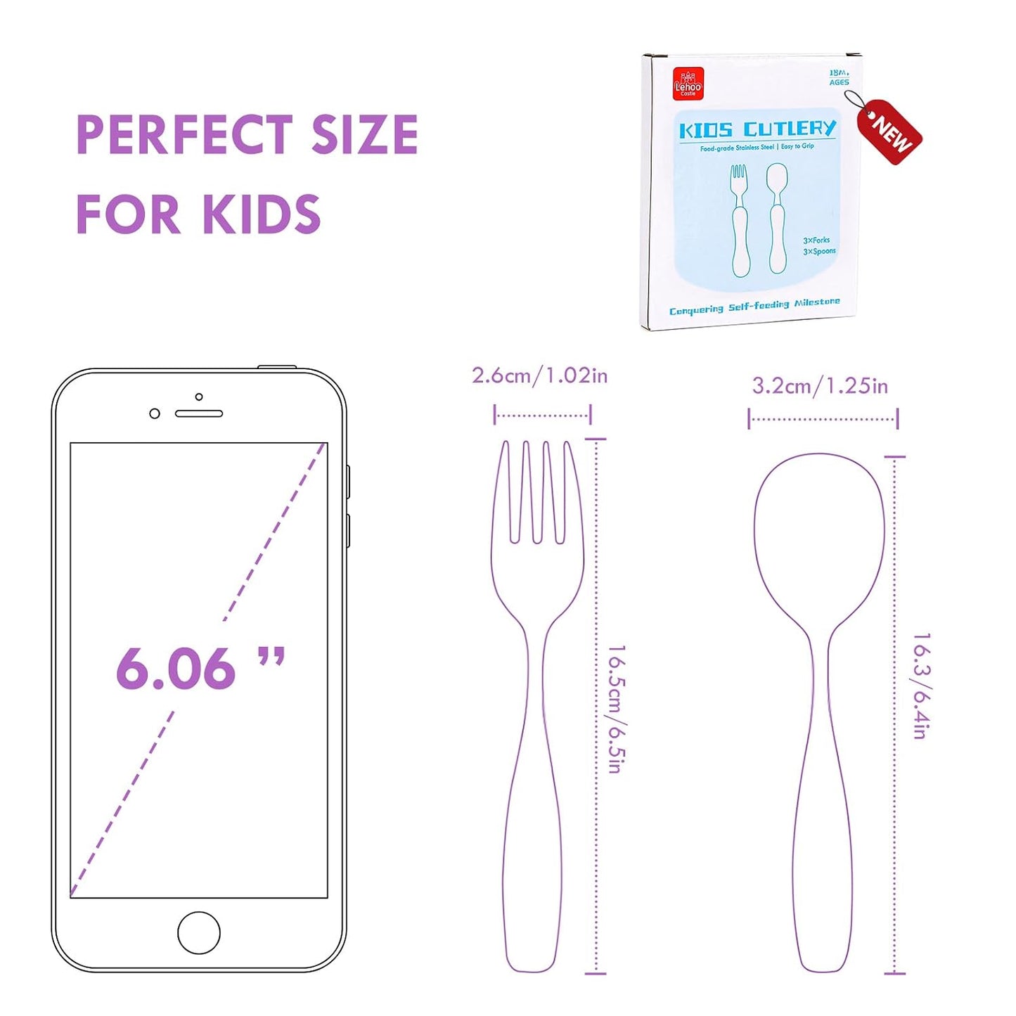 Lehoo Castle 6 Pieces Toddler Utensils, Kids Silverware for 2 3 4 Years Old, Stainless Steel Fork and Spoon Set with Plastic Handle, Safe Toddler Cutlery (Dinosaur)