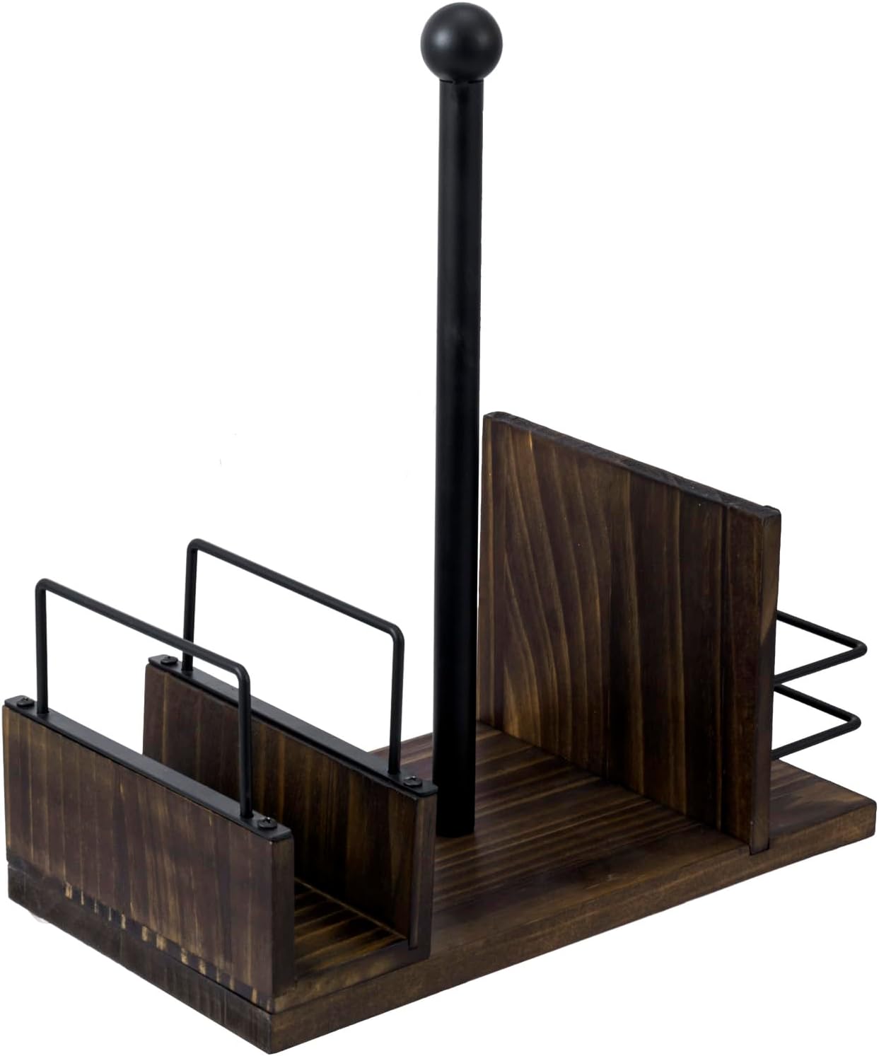 MyGift Rustic Burnt Solid Wood and Industrial Matte Black Metal Dining Combination Caddy with Paper Towel Roll Dispenser Stand, Napkin Holder, and Spice Rack