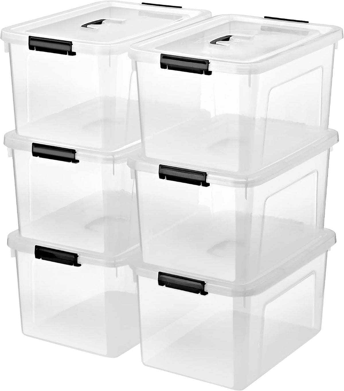6 Quart Stackable Plastic Storage Bins with Lids, 6 Pack Clear Black Small Organizer Boxes with Latches for Bathroom, Pantry, Office Desk and Small Item Storage