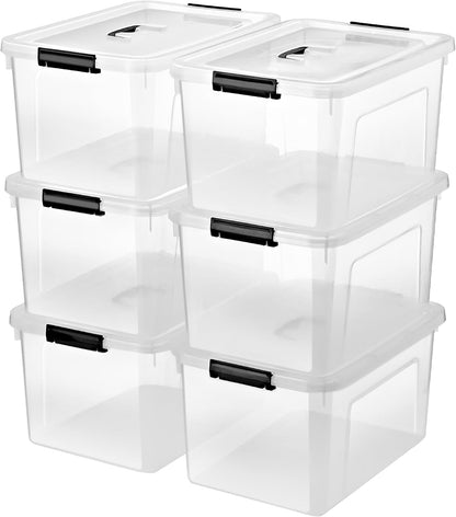 6 Quart Stackable Plastic Storage Bins with Lids, 6 Pack Clear Black Small Organizer Boxes with Latches for Bathroom, Pantry, Office Desk and Small Item Storage