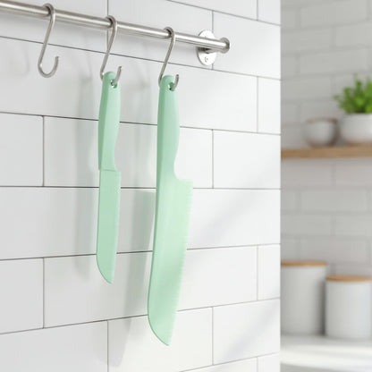 2Pcs Lettuce Knife Kitchen Cooking Plastic Knife Non-slip Nylon Knives 11-Inch and 8-Inch Serrated Salad Cutter Dishwasher Safe Kitchen Utensils for Vegetables Fruits Bread Cake Prevent Browning