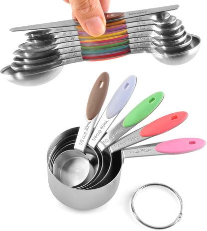 EDELIN Measuring Cups and Magnetic Measuring Spoons Set, Stainless Steel 5 Cups and 7 Spoons (Black)