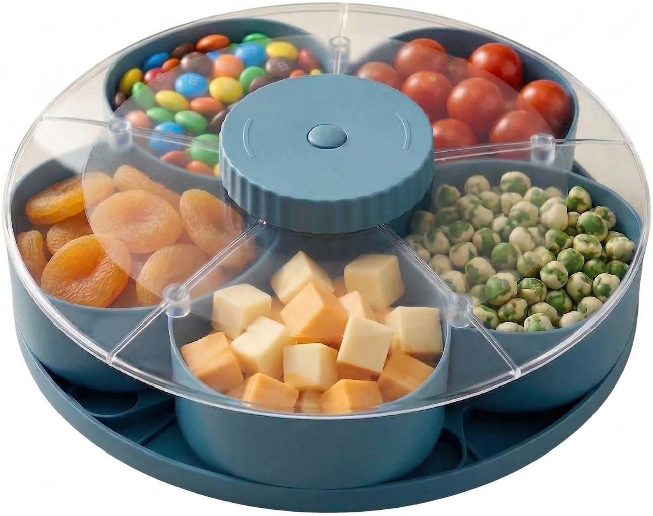Lid Divided Rotating Snack Tray - Spin Box Platter Containers Candy Chip Storage, Rotating Spice & Snack Organizer, 8.66 inches Wide Clear 5-Compartment Serving, Nuts, and Snacks （Grey）