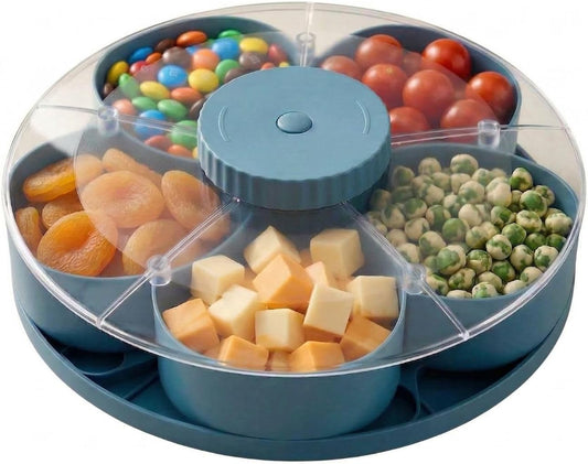 Lid Divided Rotating Snack Tray - Spin Box Platter Containers Candy Chip Storage, Rotating Spice & Snack Organizer, 8.66 inches Wide Clear 5-Compartment Serving, Nuts, and Snacks （Grey）