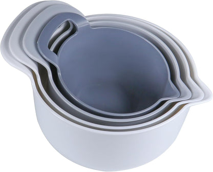 Mixing Bowls - 4 Piece Nesting Plastic Mixing Bowl Set with Pour Spouts and Handles - Non Slip Bottom and Measurement Markings (Light Gray)