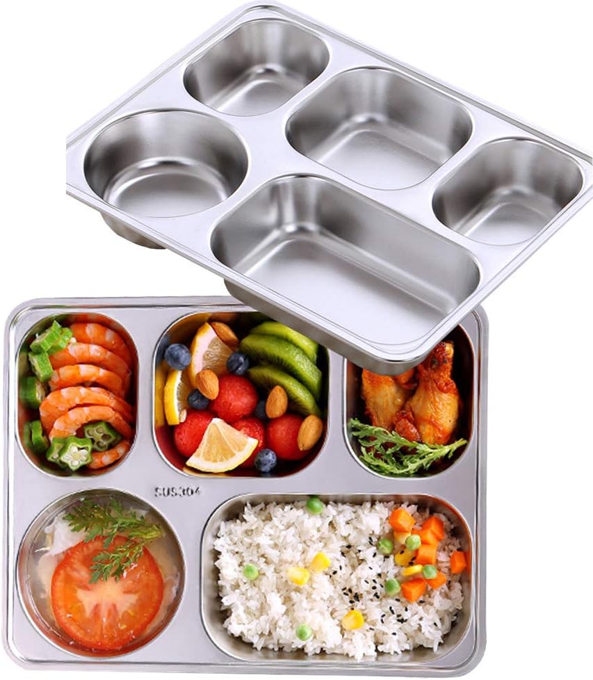 Set of 2 Stainless Steel Rectangular Divided Plates Tray 5 Sections Dinner Plates for Adults - Unbreakable Metal Plate for Campers, and Portion Control Reusable Plate