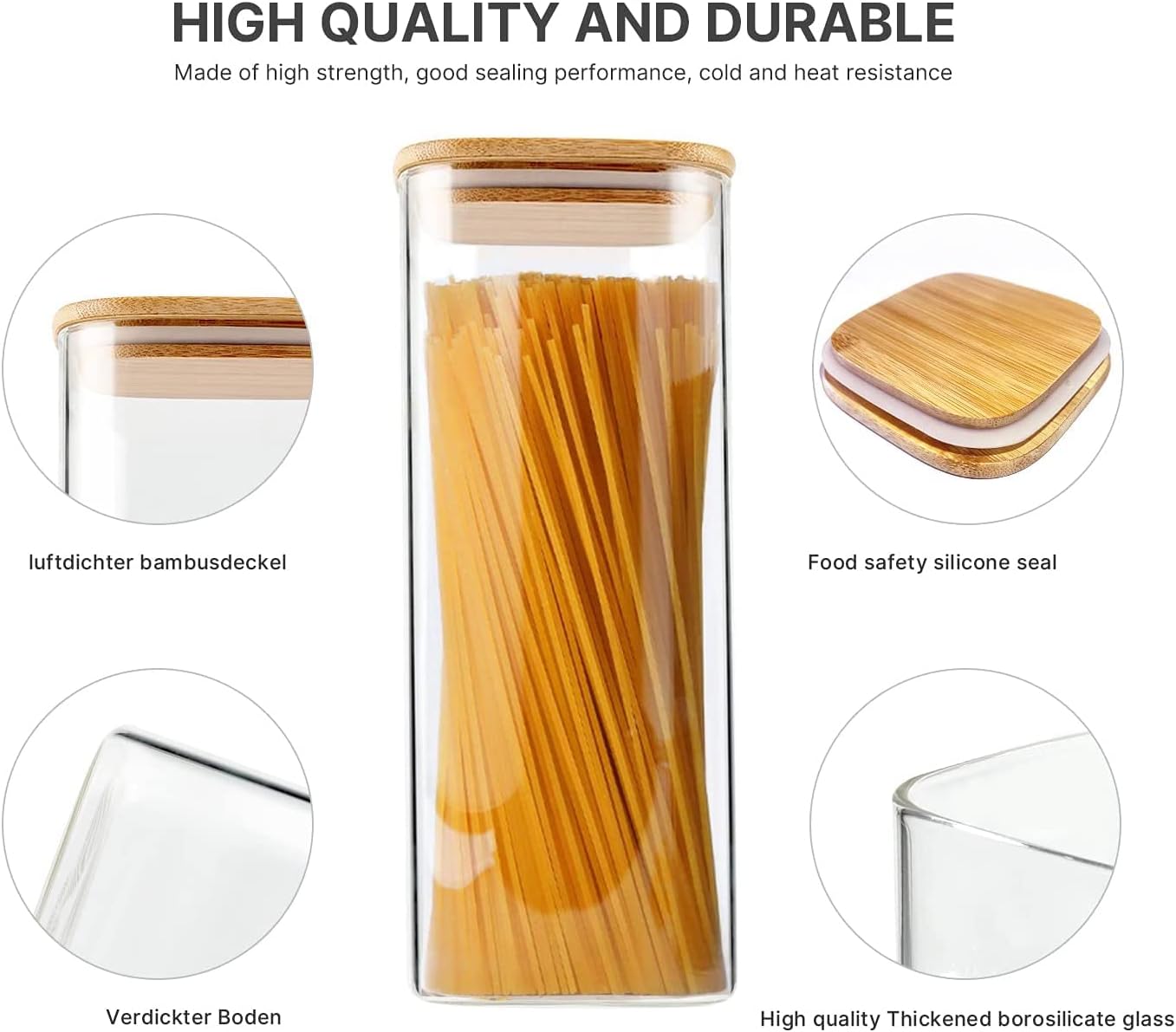 Glass Food Storage Jars 37 oz Set of 6,Glass Storage Containers Clear Glass Food Canister with Bamboo Lid Airtight For Serving Tea, Coffee, Flour, Sugar, Candy, Cookie, Spice and More (Square)
