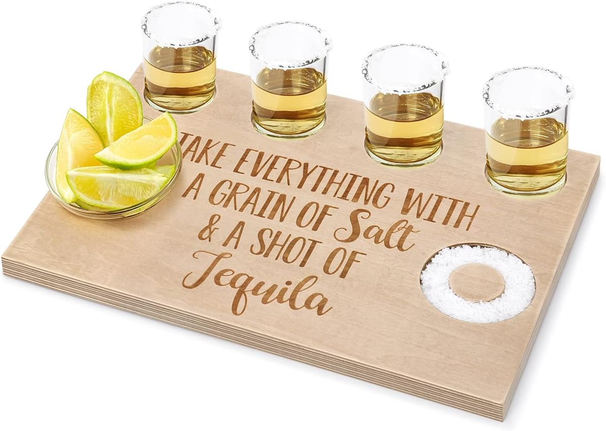 Tequila Gifts for Women and Men - Shot Board and Glass Holder Wooden Bar Tray with Salt Rim - for Liquor, Parties, Weddings, Housewarmings
