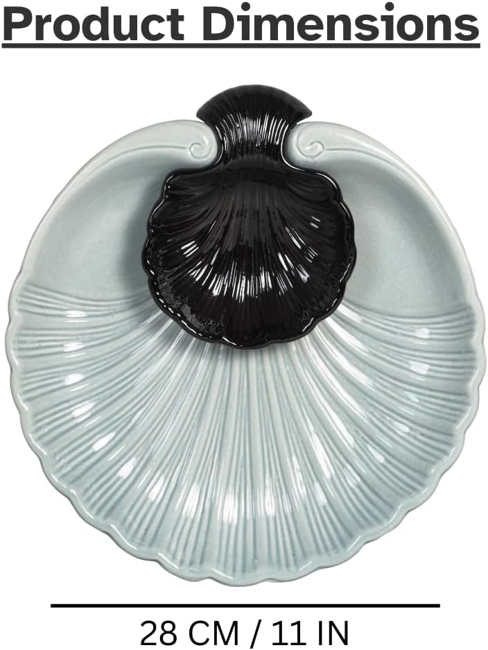 Servo Best Grey Ceramic Chip and Dip Platter, Shell Design Appetizer Serving Tray with Built-In Dip Bowl, Sectioned Snack Platter for Chips Salsa Veggies, Party Entertaining Serveware Gift