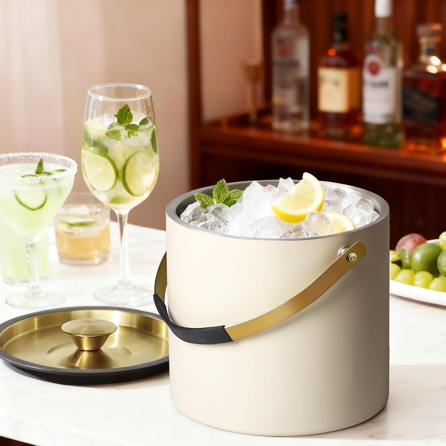 3.2L/3.4QT Modern Insulated Ice Bucket with Silicone Lid, Scoop, Strainer, Double Wall Stainless Steel Ice Bucket for Parties & Cocktail Bar,Ideal for Gift(Black)