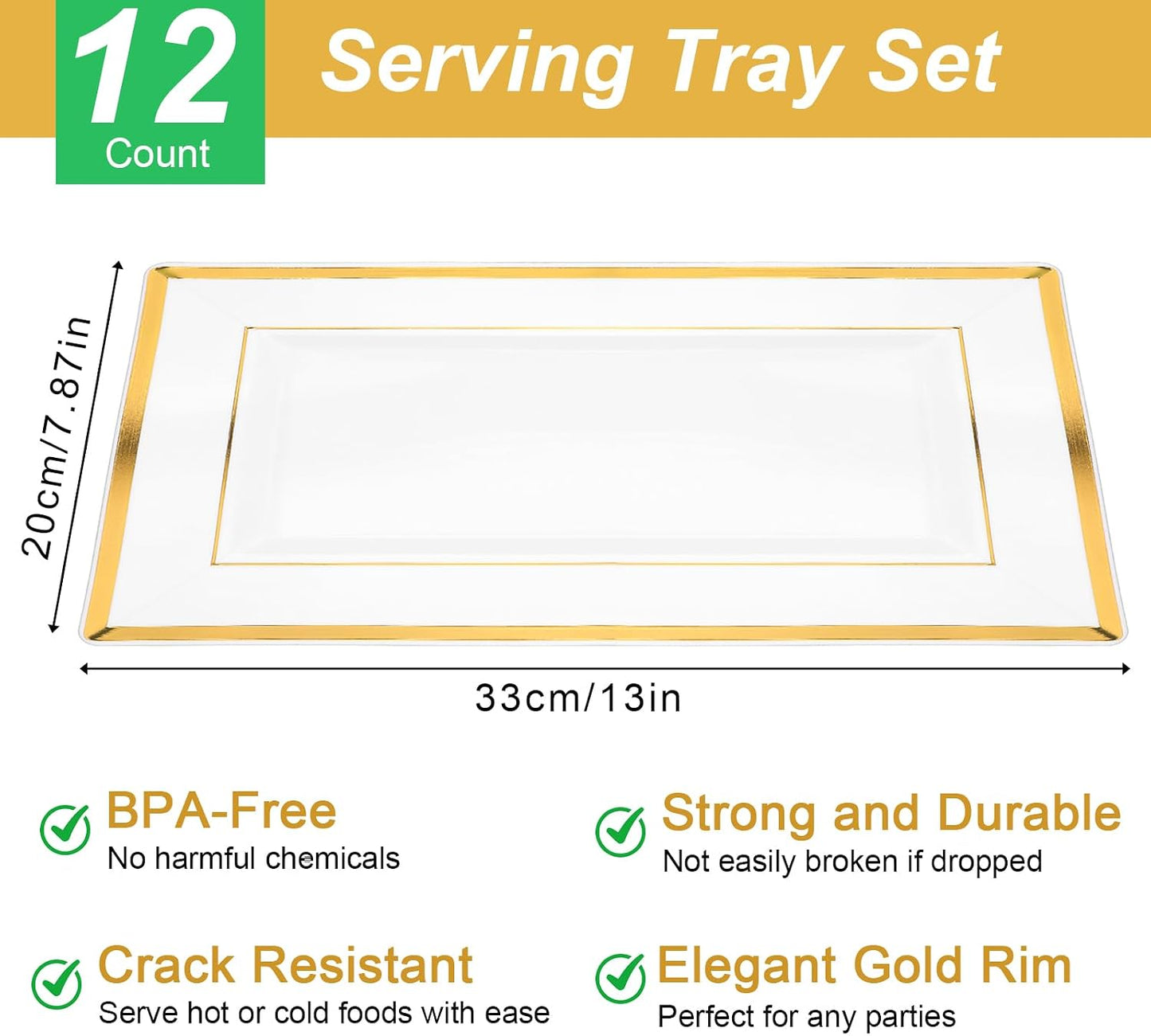 12 Pcs White and Gold Rim Plastic Serving Trays, Disposable Platters Rectangle Serving Trays and Platters for Food Fruit Dessert Cupcakes Cookies Appetizers Parties Holiday Weddings 13''x7.9''