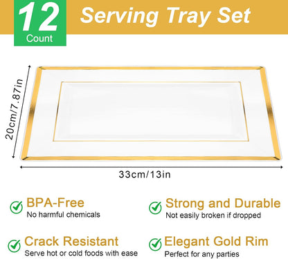 12 Pcs White and Gold Rim Plastic Serving Trays, Disposable Platters Rectangle Serving Trays and Platters for Food Fruit Dessert Cupcakes Cookies Appetizers Parties Holiday Weddings 13''x7.9''